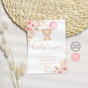 Boho Bear Baby Shower Invitation | Pink Pampas Teddy Bear Girl Baby Shower Invite | Digital or Printed Instant Editable Template image 1