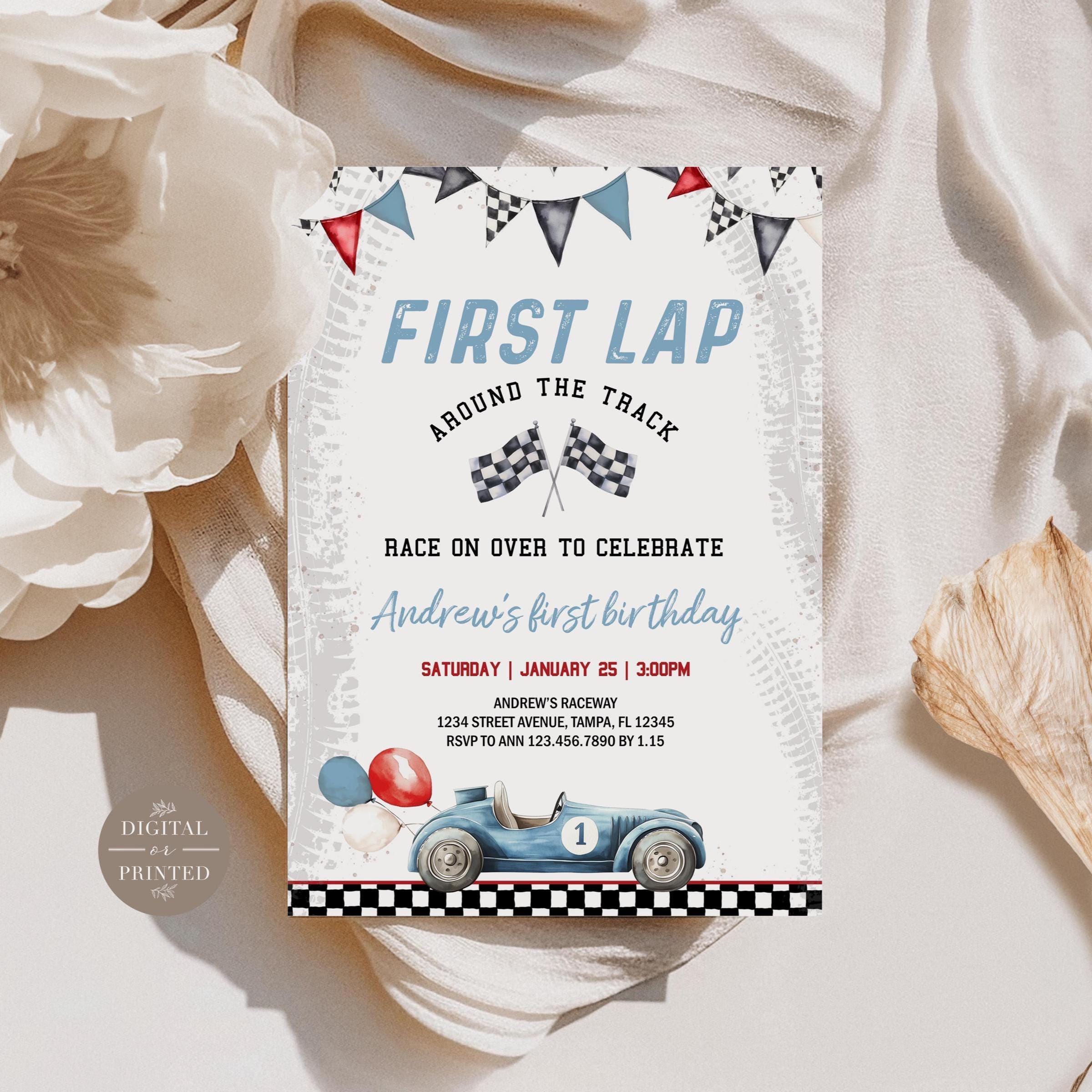 Racing Car Birthday Invitation, First Lap Around the Track, 1st ...