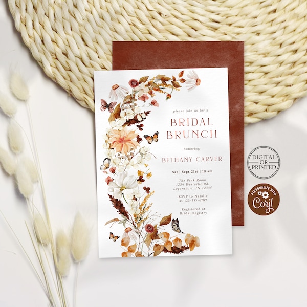 Fall Wildflower Bridal Shower Invitation | Autumn Terracotta Bridal Shower Invite | Printed or Editable Digital File