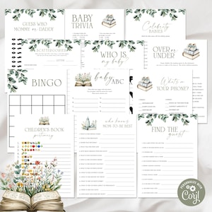 May include: A collection of printable baby shower games with a botanical theme. The games include Baby Trivia, Bingo, and Guess Who Mommy or Daddy, with watercolor illustrations and greenery accents.