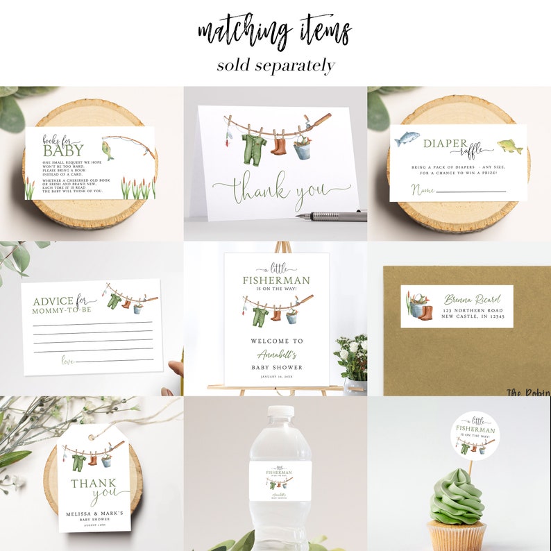 Op de afbeelding: Een set printbare babyborreldecoraties met een vissersthema. De decoraties omvatten een welkomstbord, advies voor mama-in-spe-kaarten, bedankkaartjes, waterfleslabels, cupcaketoppers en een luierspelbord. De decoraties bevatten een aquarelillustratie van visuitrusting, een emmer en een paar laarzen.