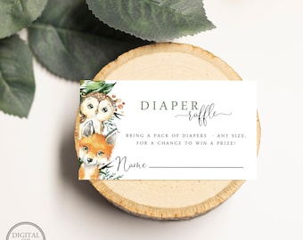 Woodland Greenery Diaper Raffle Insert Card | Forest Animals Baby Shower Insert | Editable Instant Digital or Printed