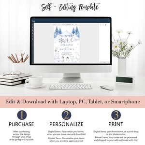 May include: A computer screen displaying a winter-themed printable invitation with a blue and white colour scheme. The invitation features a penguin, polar bear, and owl with the text "Winter One Derland Matthew's 1st Birthday". The text below the screen reads "Edit & Download with Laptop, PC, Tablet, or Smartphone".