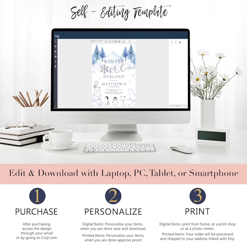 May include: A computer screen displaying a winter-themed printable invitation with a blue and white colour scheme. The invitation features a penguin, polar bear, and owl with the text "Winter One Derland Matthew's 1st Birthday". The text below the screen reads "Edit & Download with Laptop, PC, Tablet, or Smartphone".