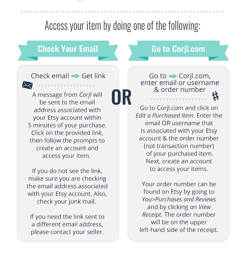 May include: A green and white graphic with the text "Access your item by doing one of the following:" and two options: "Check Your Email" and "Go to Corjl.com". The graphic provides instructions on how to access a purchased item by either checking your email for a link or by going to the Corjl website and entering your email or username and order number.