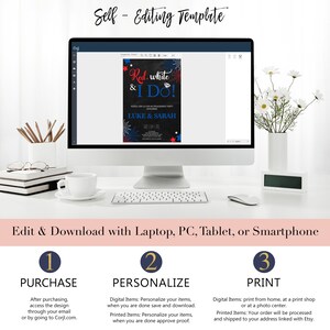 Puede incluir: Una pantalla de ordenador que muestra una invitaci&oacute;n a una fiesta de compromiso de color rojo, blanco y azul con el texto "Red, white & I Do!" y "Luke & Sarah". La invitaci&oacute;n est&aacute; rodeada de fuegos artificiales. El texto "Edit & Download with Laptop, PC, Tablet, or Smartphone" est&aacute; debajo de la pantalla del ordenador. Tres pasos numerados se enumeran debajo del texto: 1. Comprar, 2. Personalizar y 3. Imprimir.