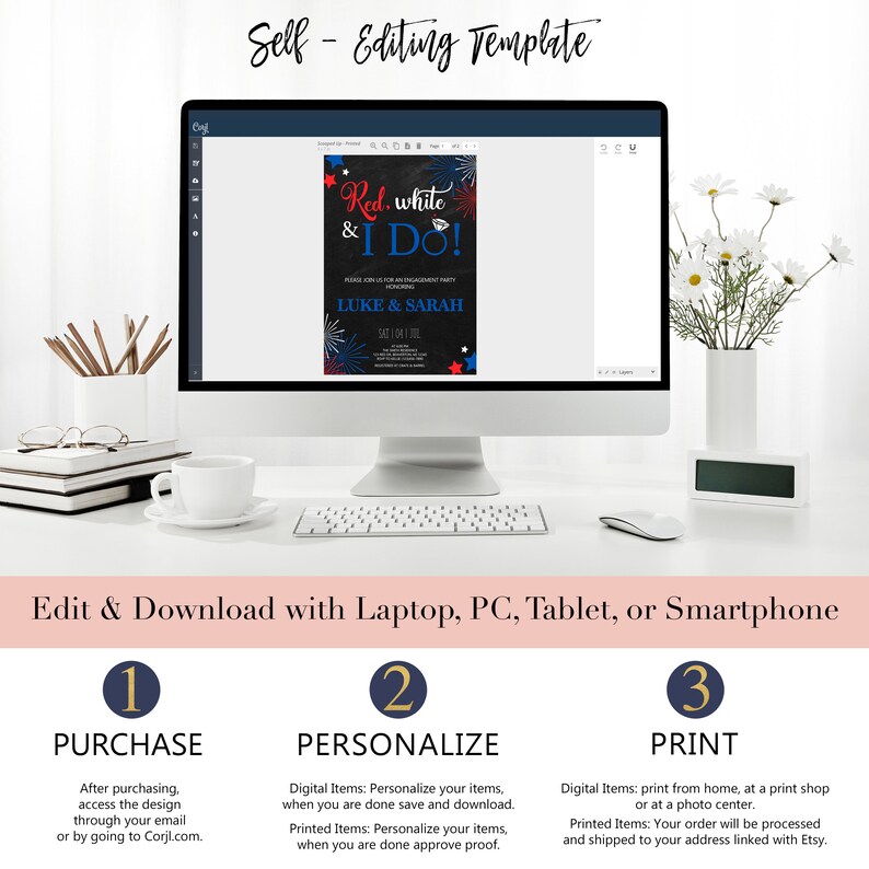 Puede incluir: Una pantalla de ordenador que muestra una invitaci&oacute;n a una fiesta de compromiso de color rojo, blanco y azul con el texto "Red, white & I Do!" y "Luke & Sarah". La invitaci&oacute;n est&aacute; rodeada de fuegos artificiales. El texto "Edit & Download with Laptop, PC, Tablet, or Smartphone" est&aacute; debajo de la pantalla del ordenador. Tres pasos numerados se enumeran debajo del texto: 1. Comprar, 2. Personalizar y 3. Imprimir.