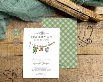May include: A white baby shower invitation card with the text A little FISHERMAN IS ON THE WAY! featuring a watercolor illustration of a fishing line with a green onesie, brown boots, and a bucket. The card includes event details for Annabell Johnson.