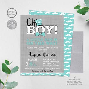 Little Man Baby Shower Invitation | Mustache Baby Shower Invitations | Oh Boy Baby Shower Invitation | Little Gentleman | Bow Tie | Top Hat 画像 1