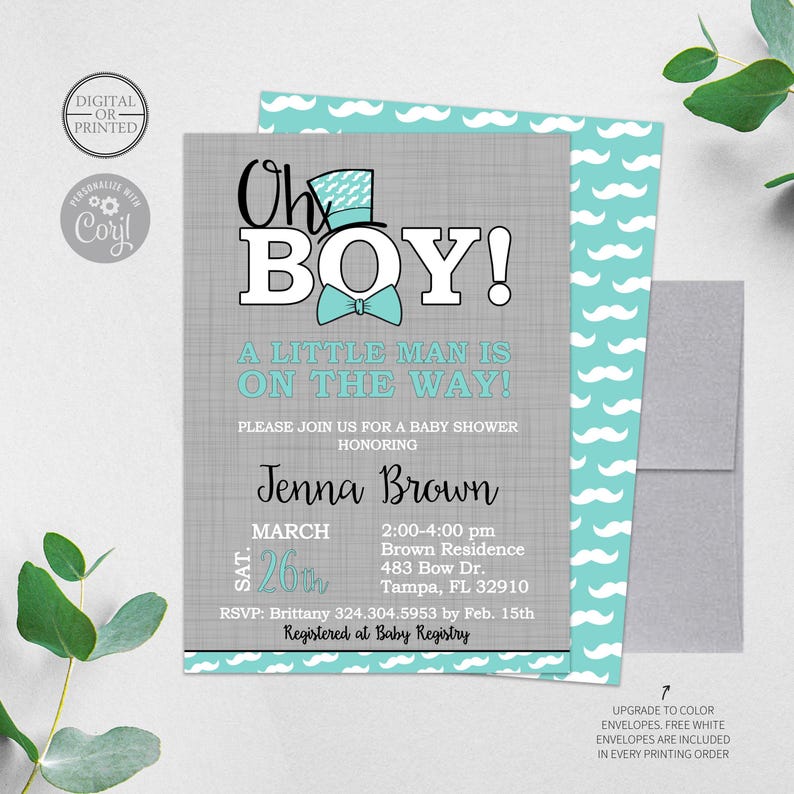 Little Man Baby Shower Invitation | Mustache Baby Shower Invitations | Oh Boy Baby Shower Invitation | Little Gentleman | Bow Tie | Top Hat 画像 1