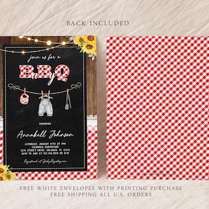 K&ouml;nnte beinhalten: Eine Babyparty-Einladung mit rotem und wei&szlig;em Karomuster und einem schwarzen Hintergrund. Auf dem schwarzen Hintergrund steht "join us for a BBQ" mit einem Baby-Strampler, der an einer W&auml;scheleine h&auml;ngt. Die Einladung enth&auml;lt den Text "Annabell Johnson" und Details zur Veranstaltung.