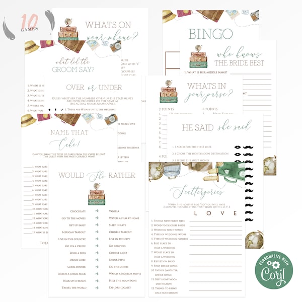 Instant Download Vintage Traveling From Miss to Mrs Bridal Shower Games Package