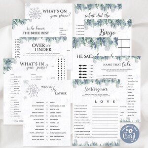 May include: A set of printable bridal shower games with a winter theme. The games include "What's on your phone?", "Who knows the bride best?", "Over or Under", "What's in your purse?", "Would she rather", "He said, she said", "What did the bride say?", "Bingo", "Name that cake", and "Scattergories". The games are decorated with snowflakes and pine branches.