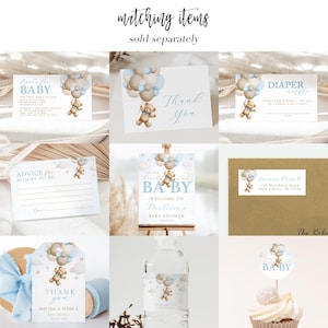 May include: A set of baby shower decorations featuring a blue and brown teddy bear holding balloons. The set includes a welcome sign, thank you tags, advice cards, diaper raffle cards, and a cupcake topper. The text on the welcome sign reads "We can't wait to meet baby".