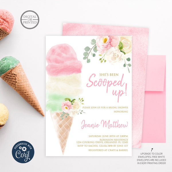Ice Cream Bridal Shower Invitation | She's Been Scooped Up Bridal Shower Invite | Printed or Digital | BR-22420