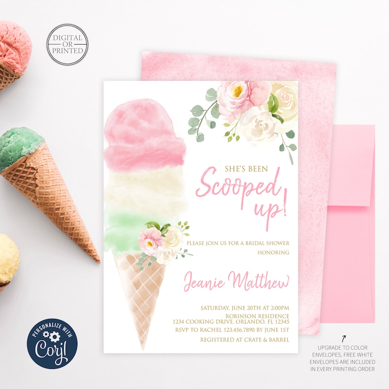 Puede incluir: Una invitaci&oacute;n para una fiesta de bienvenida al beb&eacute; con un dise&ntilde;o de cono de helado de acuarela con bolas rosas, blancas y verdes. La invitaci&oacute;n incluye el texto "She's Been Scooped Up!" y detalles del evento, con un sobre rosa.