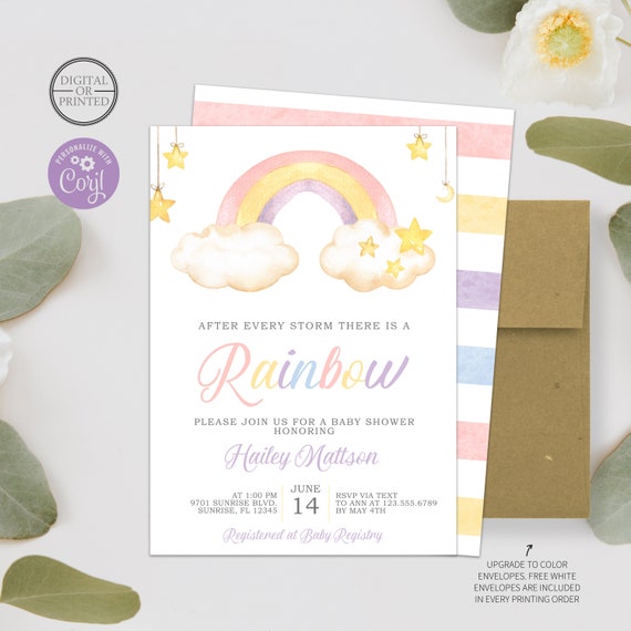 Rainbow Baby Shower Invitation Pastel Rainbow Invite Girl Baby