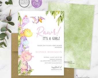 May include: A baby shower invitation card featuring watercolor illustrations of colorful dinosaurs and green foliage. The text reads: Rawr! It's a girl! Please join us for a baby shower honoring Sophia Robinson, Saturday, August 15th at 3pm.