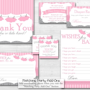May include: Pink and silver printable baby shower party signs with a tutu theme. The signs include a thank you card, a diaper raffle sign, a wishes for baby card, and an advice for mommy-to-be card.