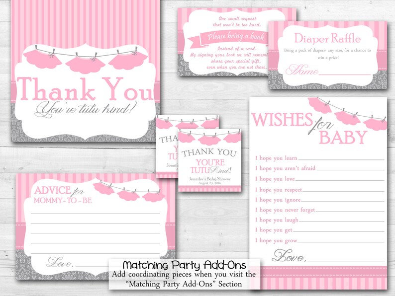 May include: Pink and silver printable baby shower party signs with a tutu theme. The signs include a thank you card, a diaper raffle sign, a wishes for baby card, and an advice for mommy-to-be card.