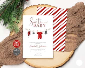 May include: A white baby shower invitation card with the text Santa BABY in red script and block letters. Below, a clothesline features a red Santa hat, small mittens, a red baby onesie with a black belt, and black boots. The card includes event details.