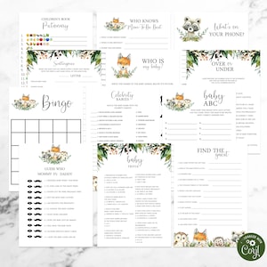 May include: A set of printable baby shower games featuring a woodland theme with foxes, owls, raccoons, and hedgehogs. The games include "Who Knows Mom-to-Be Best", "Who is My Baby", "Celebrity Babies", "Baby Bingo", "Scattergories", "Baby ABC", "Over or Under", "Guess Who Mummy or Daddy", "Baby Trivia", "Find the Guest", and "What's on Your Phone?"
