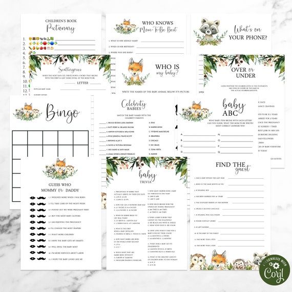 Woodland Baby Shower Games Package  Self Edit Instant