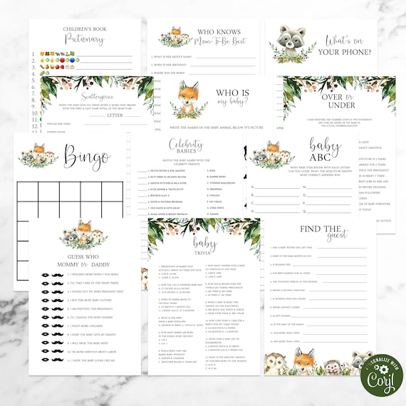 Woodland Baby Shower Games Package  Self Edit Instant