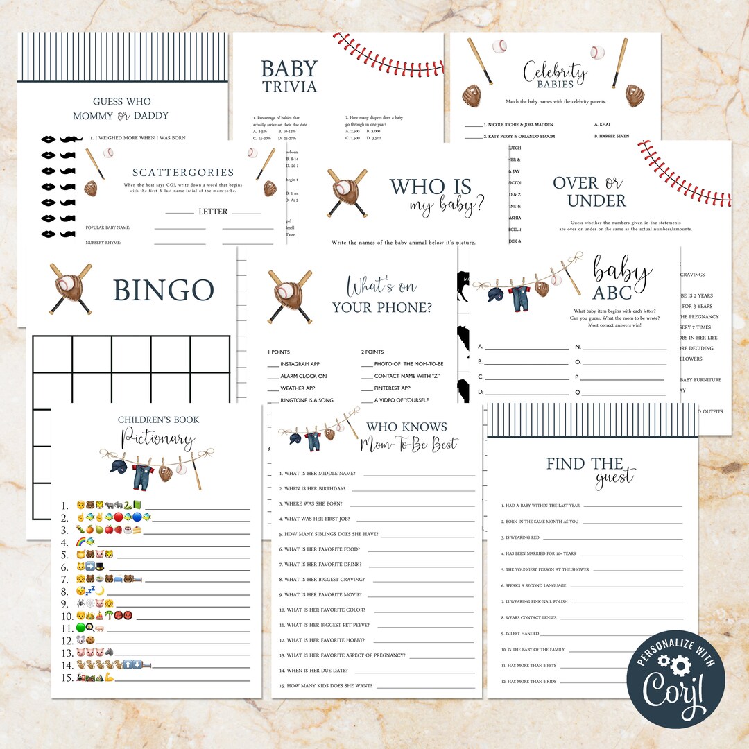 Baseball Baby Shower Games Package | Self Edit Instant Download ...