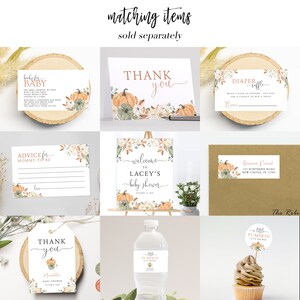 May include: A set of printable baby shower decorations with an autumn theme. The decorations feature pumpkins, leaves, and flowers in shades of orange, brown, and green. The text on the decorations includes "books for baby", "advice for mommy-to-be", "thank you", "welcome to Lacey's baby shower", "diaper raffle", and "little pumpkin on the way".