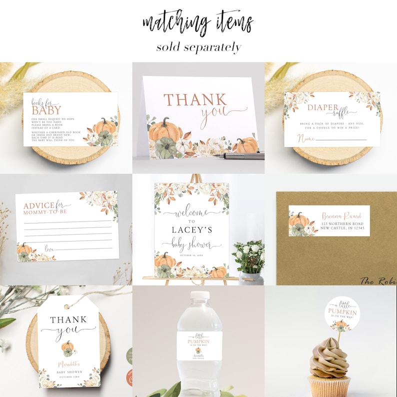 May include: A set of printable baby shower decorations with an autumn theme. The decorations feature pumpkins, leaves, and flowers in shades of orange, brown, and green. The text on the decorations includes "books for baby", "advice for mommy-to-be", "thank you", "welcome to Lacey's baby shower", "diaper raffle", and "little pumpkin on the way".