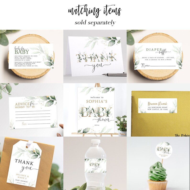May include: A set of printable baby shower decorations with a green and gold color scheme. The set includes a welcome sign, thank you cards, advice cards, a diaper raffle card, a water bottle label, and a cupcake topper. The text on the welcome sign reads "Welcome to Sophia's Baby Shower".