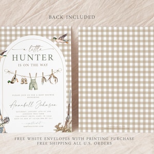 May include: Baby shower invitation with a tan and white gingham pattern. The front features the text "a little HUNTER is on the way" with illustrations of hunting-themed items. The back of the invitation has the same gingham pattern.