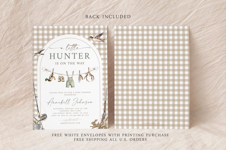 May include: Baby shower invitation with a tan and white gingham pattern. The front features the text "a little HUNTER is on the way" with illustrations of hunting-themed items. The back of the invitation has the same gingham pattern.