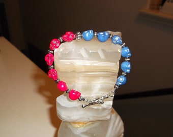 Men/Women 8 3/4" 8 mm blue/pink Turquoise Skull head bead bracelet