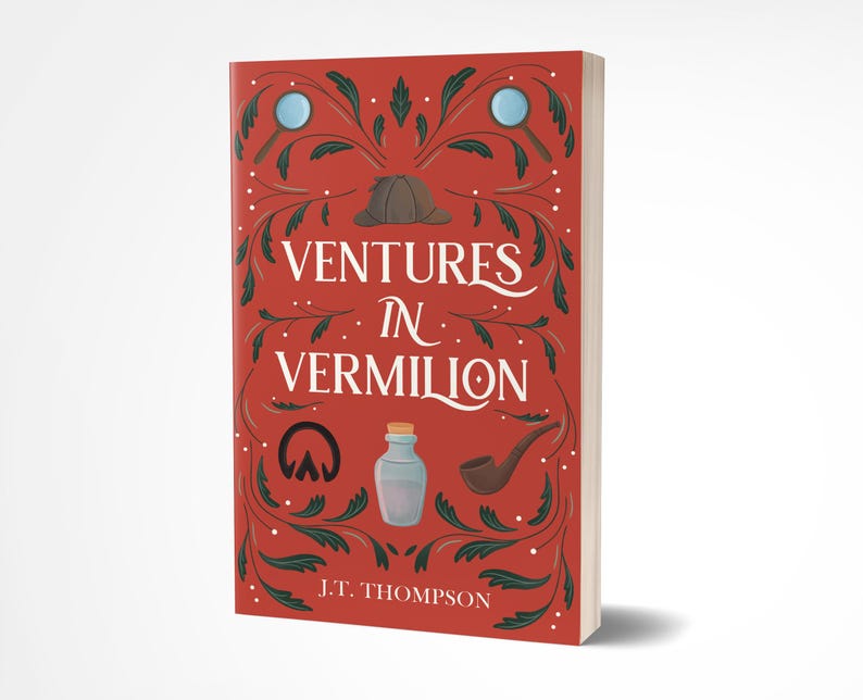 Op de afbeelding: Een hardcover boek getiteld "Ventures in Vermilion" door J.T. Thompson. De omslag is vermiljoen met witte letters en illustraties van een vergrootglas, een pijp, een fles en een hoed.