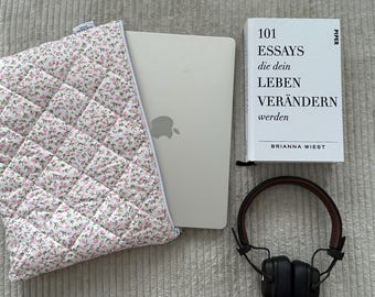 Laptoptasche aus Baumwolle "Peonies" | Quilted laptopbag | laptop bag | MacBook bag | handgemachte Tasche | floral & plaid | 33x23x2cm