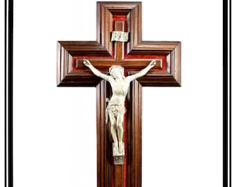 19th Century French Antique Wall Crucifix Jesus Christ, 17 7/8" Vintage Religious Art