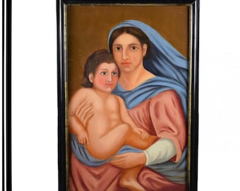 額入りドイツ派 19世紀後半の油絵 - 聖母マリアと幼子イエスの