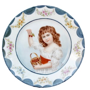 Antique French Hand Painted Porcelain Wall Plate - AH&Co Little Girl with Cherries Painting Signed Colin- French Country Cottage Wall Decor