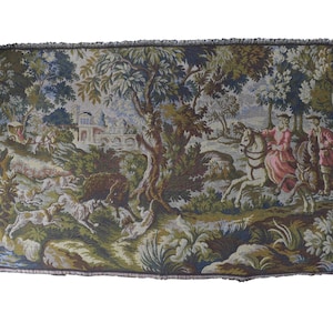 French Vintage Tapestry, Hunting Scene, Wild Boar, Dogs, Horses, Chateau Tapestry, Tapestry Wall Hanging