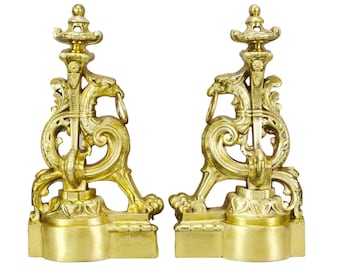 French Antique Bronze Griffin Andirons Chimera