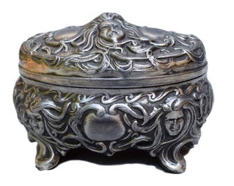 French Antique Art Nouveau Silver Casket Box - Woman Faces Box - WMF Style Jewelry Case - Ornate Lidded Box