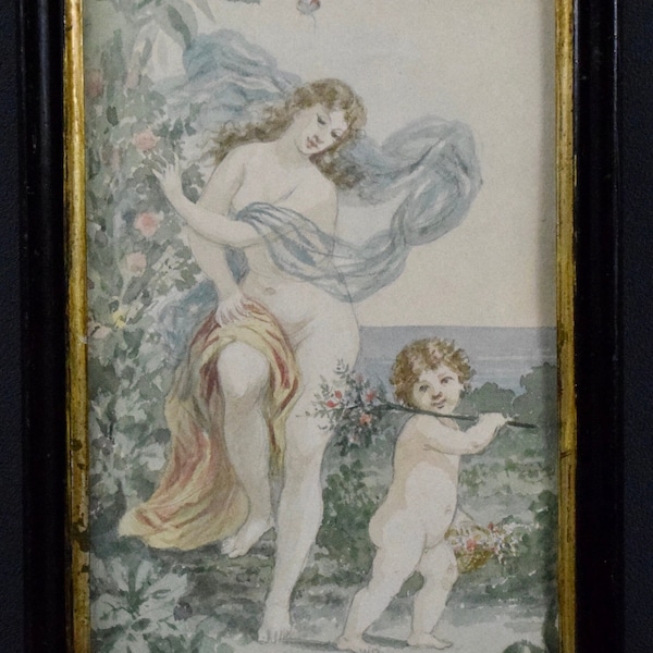 Französisches Romantisches Gemälde Aquarell Tanzende Frau Kind Akt