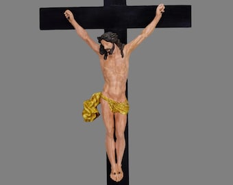 Antique Religious Altar Cross, Hand Painted Jesus Christ Corpus on the Cross