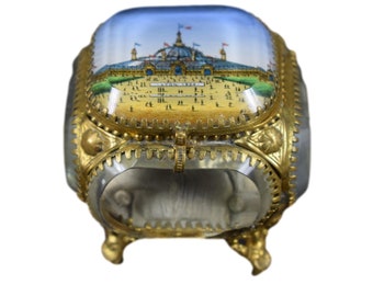 French Antique 19th.C Eglomise Casket Box Jewelry Case Souvenir of Lyon
