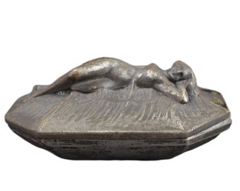 Art Nouveau French Antique Pewter Box Nude Woman  Signed Limousin