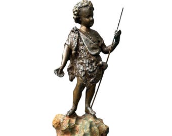 Antique French St. John the Baptist Spelter Statue, Polychrome Olive Wood Base