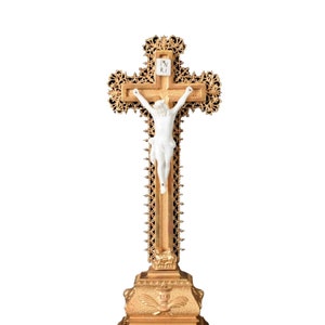French Antique Wooden Crucifix and Gilded Stucco, Gilded Openwork  19th, Standing Cross Catholic Gift