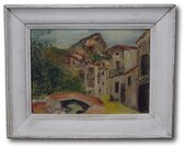 French Antique Oil Painting on Panel with White Frame, Post impressionnist Style Village Landscape Painting Signed, French Country Cottage